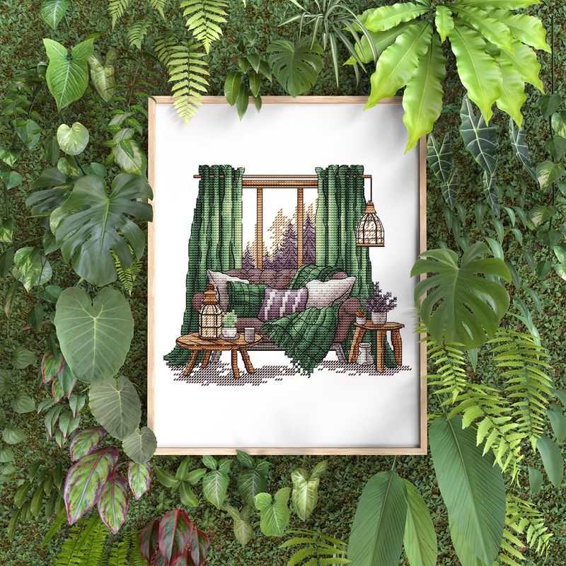 Forest Pattern For Cross Stitch Bedroom Decor Embroidery PDF Mountain Embroidery PDF Terrace Window 3