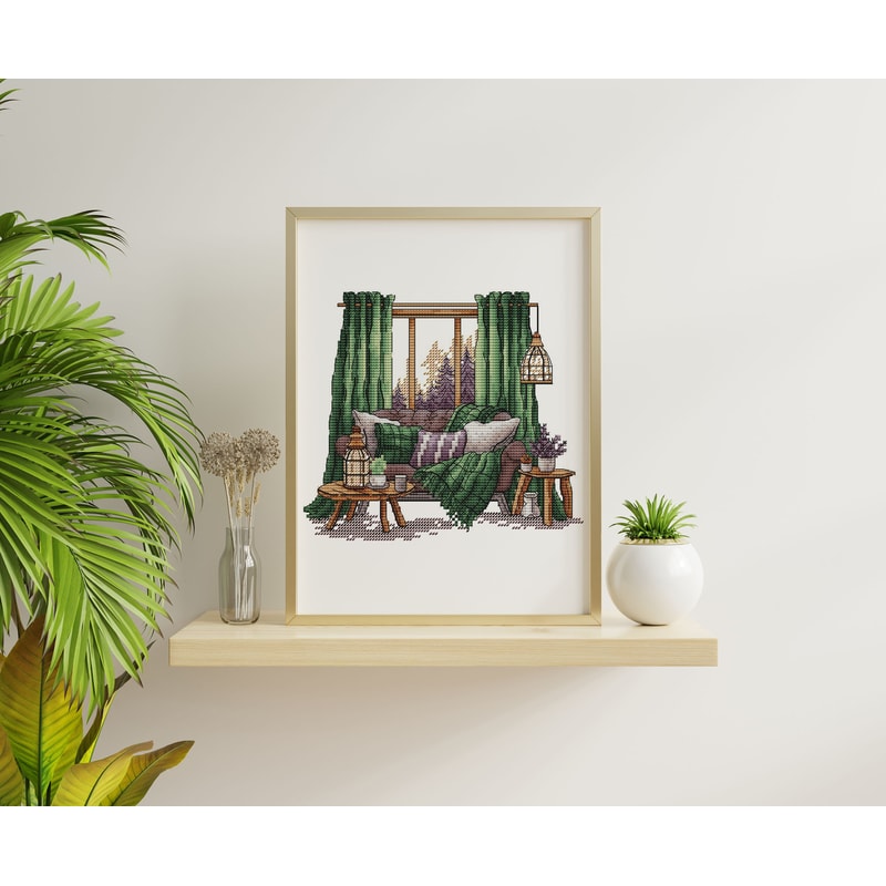 Forest Pattern For Cross Stitch Bedroom Decor Embroidery PDF Mountain Embroidery PDF Terrace Window 4