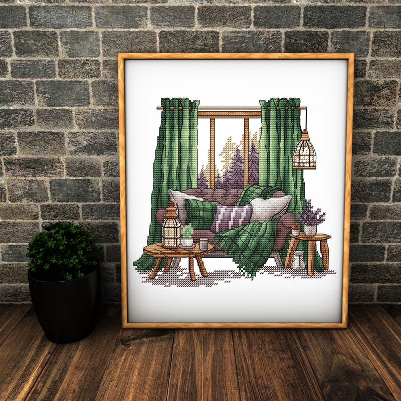 Forest Pattern For Cross Stitch Bedroom Decor Embroidery PDF Mountain Embroidery PDF Terrace Window 5