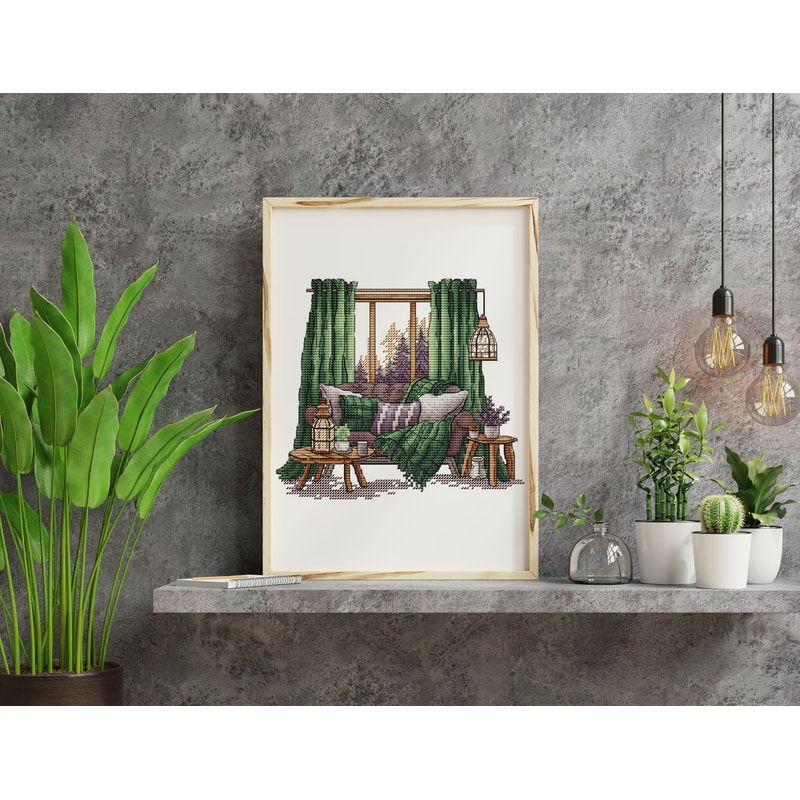 Forest Pattern For Cross Stitch Bedroom Decor Embroidery PDF Mountain Embroidery PDF Terrace Window 8