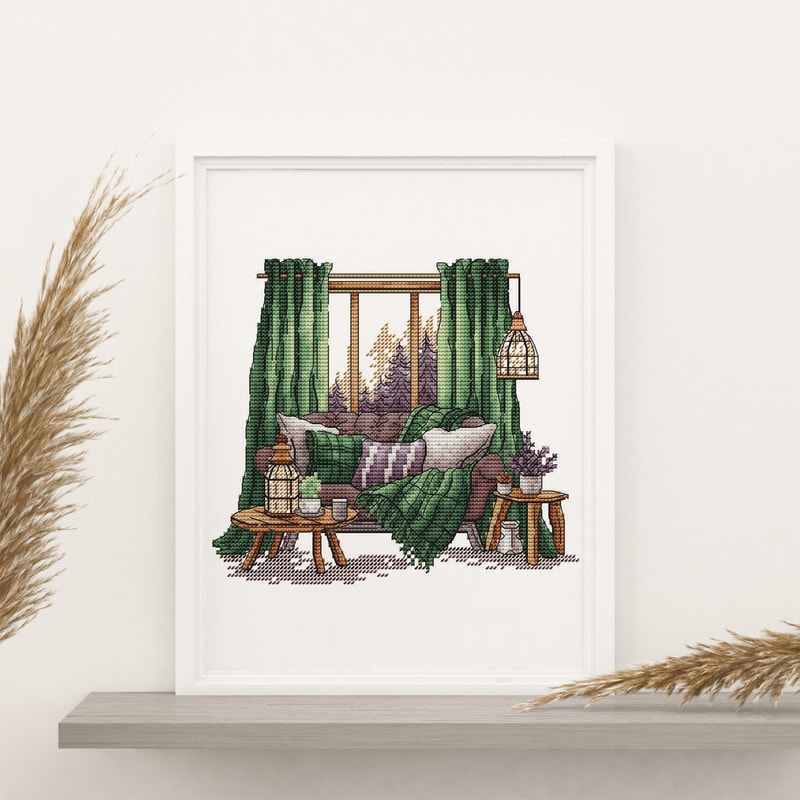 Forest Pattern For Cross Stitch Bedroom Decor Embroidery PDF Mountain Embroidery PDF Terrace Window 7