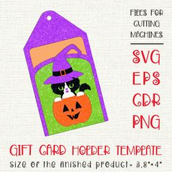 halloween gift card holder with black cat and pumpkin