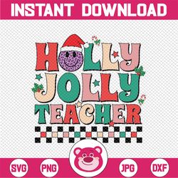 Groovy Retro Holly Xmas Jolly Teacher Christmas Vibes Hippie Png, Teacher Smiley Face Leopard Xmas Png, Christmas Png, D