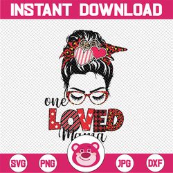 one loved mama png, cute valentines day png, leopard messy bun mom png, valentine's day png, funny valentine, love leopa