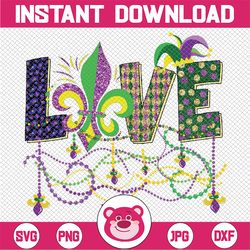 love mardi gras beads funny carnival parade png, love mardi gras louisiana png sublimation design, happy mardi gras png