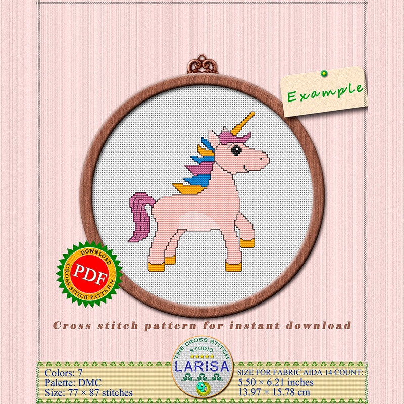 Adorable pink unicorn chart for cross stitching