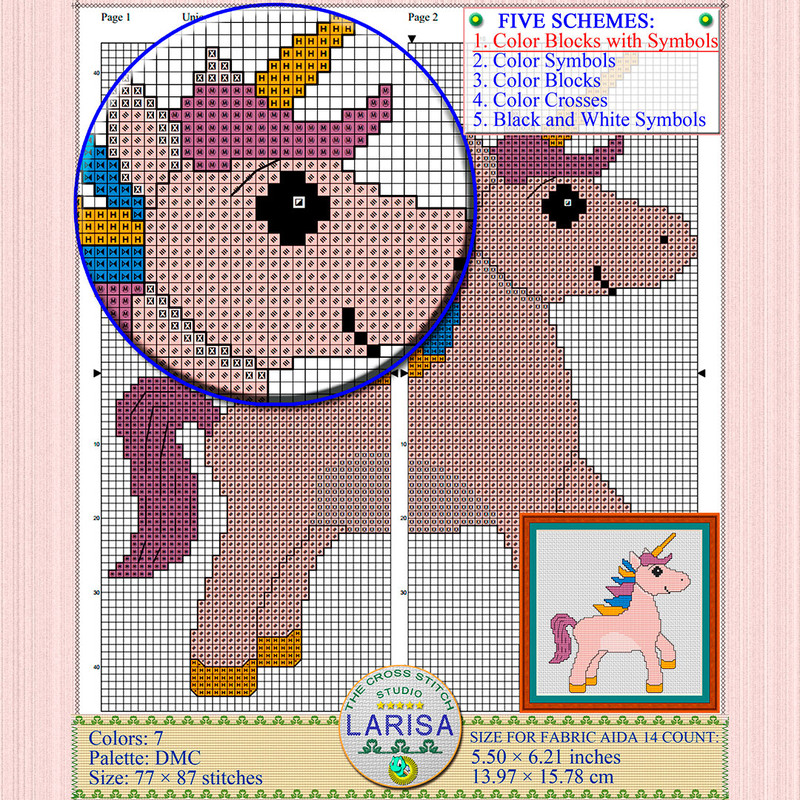 Charming cross stitch pattern of a sideways unicorn