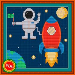 Stellar Expedition Cross Stitch Pattern | Cartoon Rocket and Astronaut on a Mission to the Stars