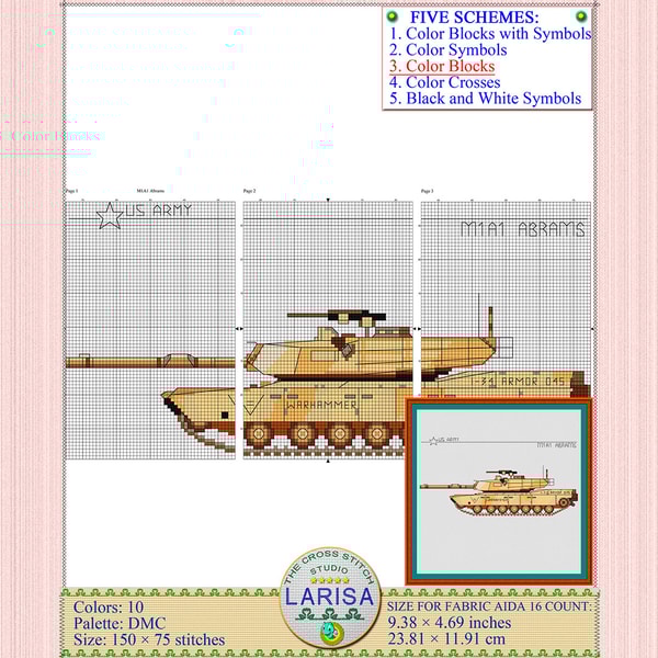Cross stitch pattern of the M1 Abrams tank