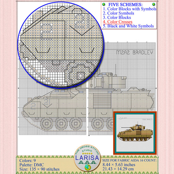 M2A2 Bradley IFV Cross Stitch Pattern | Embroidery Design of Military Vehicle