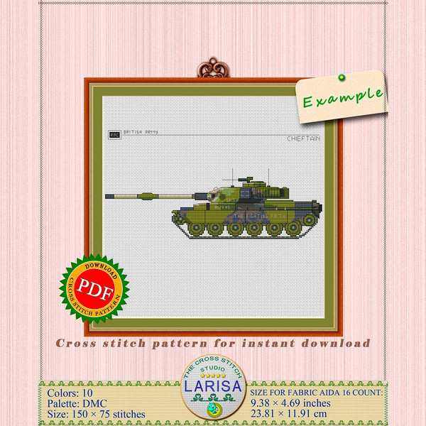 Chieftain Tank A12345 Cross Stitch Design for Military Enthusiasts