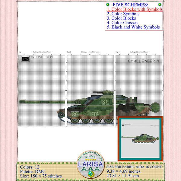 Challenger 1 tank in camouflage cross stitch
