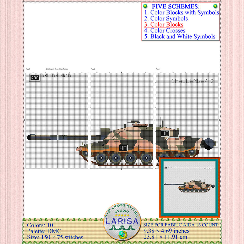 Cross stitch project inspired by British MBT Challenger 2