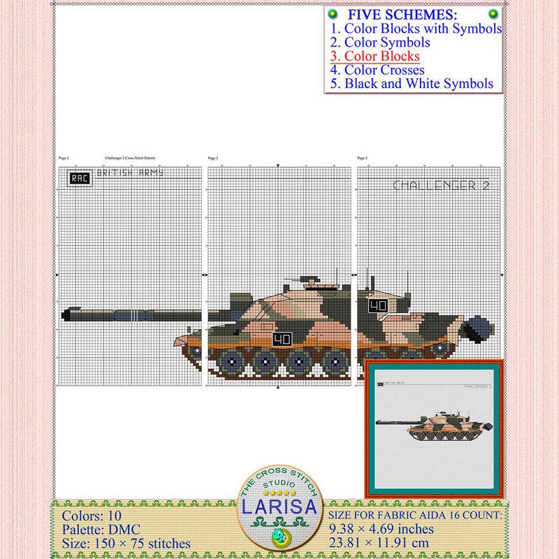 Cross stitch project inspired by British MBT Challenger 2