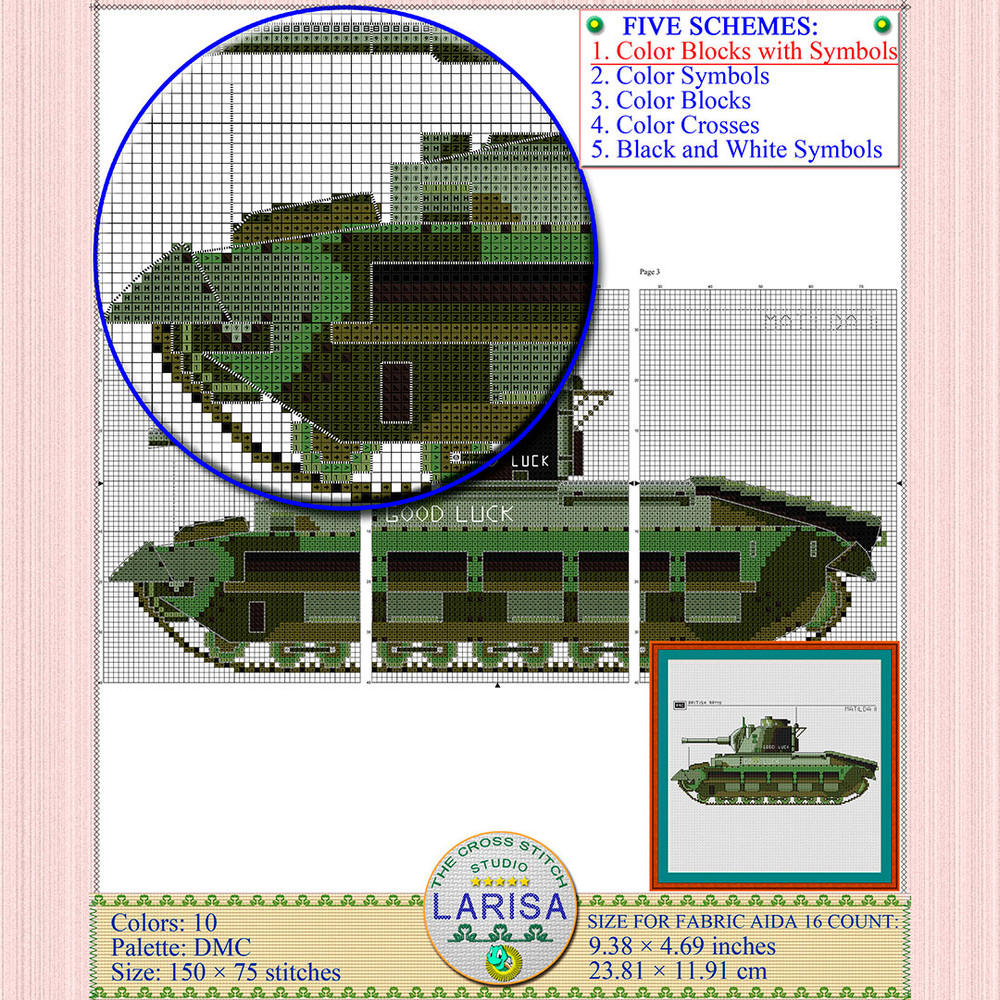Cross stitch pattern of Matilda II British tank