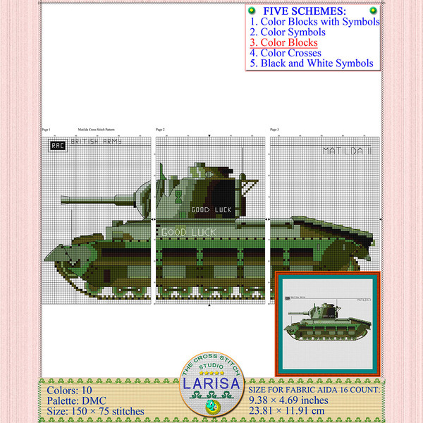 Embroidery chart of Matilda II with Good Luck sign