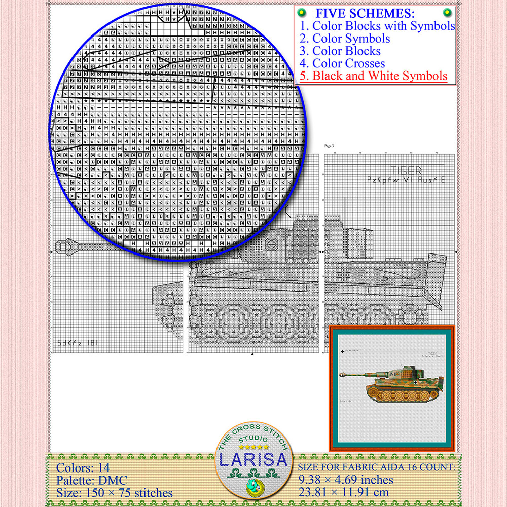 Cross stitch design of Tiger I tank