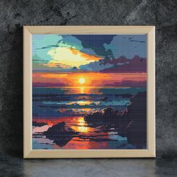Cross stitch pattern /200x200st/ Sunset over the ocean, cross stitch chart PDF, cross stitch pattern seascape