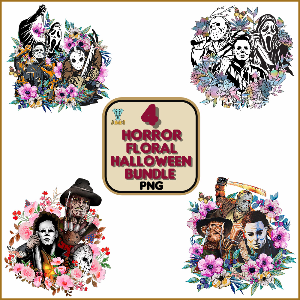 4 Horror Floral Halloween Png Bundle 0