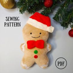 Plush Gingerbread Man With Santa Hat Sewing Pattern, DIY Christmas Gift (in 2 sizes!)