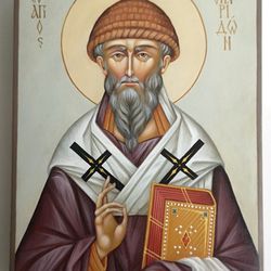 Hand-painted icon St. Spyridon of Trimythous the Wonderworker, handmade wooden icon, Orthodox icons, Byzantine icon