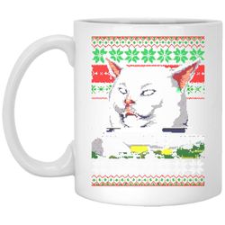 woman yelling at a cat ugly christmas sweater meme design white mug