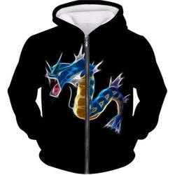 pokemon flying water type pokemon gyarados black zip up hoodie &8211 pokemon zip up hoodie