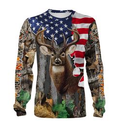 whitetail buck deer hunting american camouflage usa flag shirt, long sleeve, hoodie personalized gifts for hunter chipte