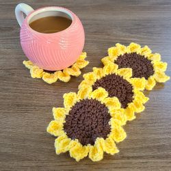 set of four sunflower crochet coasters, flower coasters