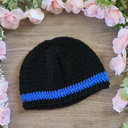 thin blue line beanie, police hat, crochet law enforcement beanie
