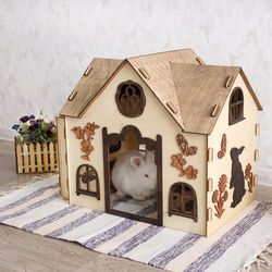 Cozy wood indoor rabbit house with feeder - Rabbit Supplies