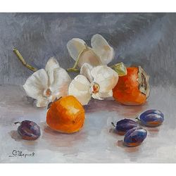 Floral Author's Painting Persimmon and Orchid, Original Art Fruit Wall Art.