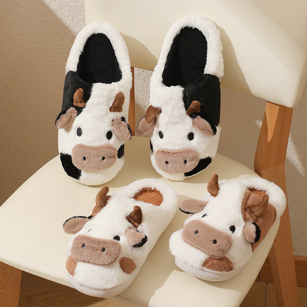 Winter Unisex Cartoon Cow Plush Slippers, Couple's Warm Non-Slip House Slides for Men & Women