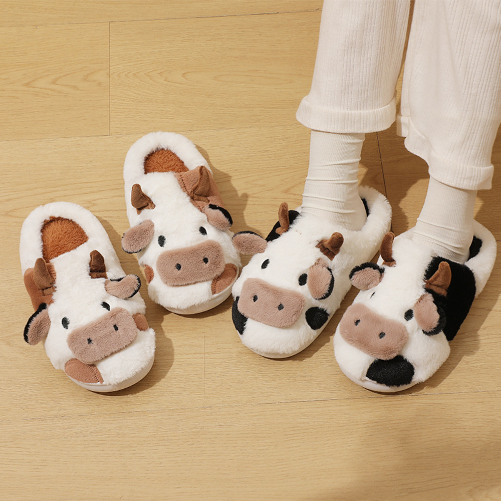 Winter Unisex Cartoon Cow Plush Slippers, Couple's Warm Non-Slip House Slides for Men & Women