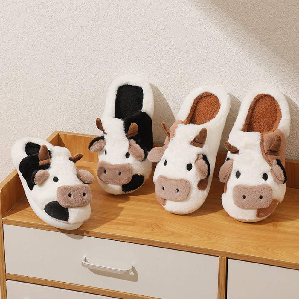 Winter Unisex Cartoon Cow Plush Slippers, Couple's Warm Non-Slip House Slides for Men & Women