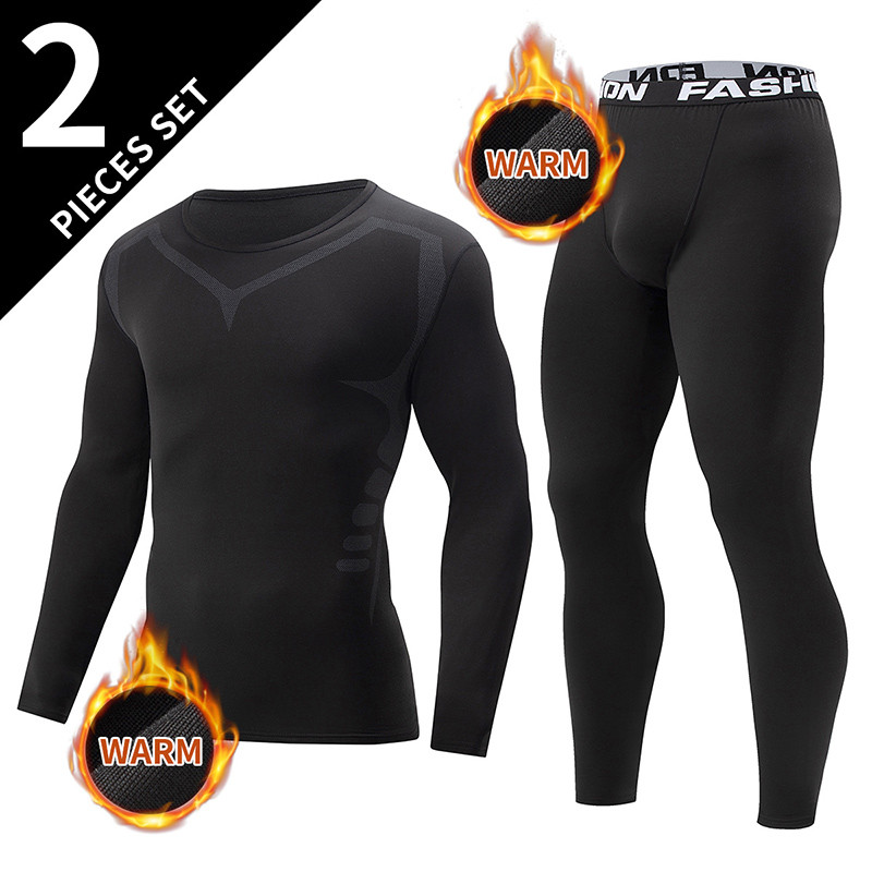 Men Thermal Underwear Set, Spring & Autumn Long Sleeve Black Suit Stretchable Fitness Running Pants