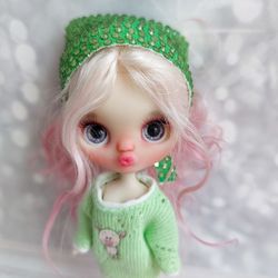 Reserve for Lori. Doll. Petite Blythe, Miniature doll with pink hair. Adorable baby girl with a kiss.
