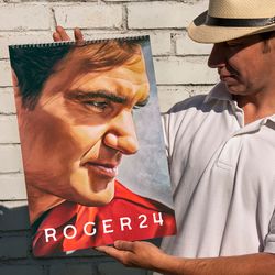 Roger Federer artbook Calendar 2024. Tennis fan art print gift.