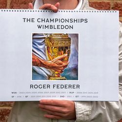 Roger Federer at Wimbledon artbook Calendar 2024. Tennis fan art print gift.