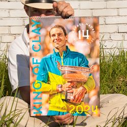 Rafael Nadal with all 14 Roland Garros trophies artbook Calendar 2024. Tennis fan art print gift. Vamos Rafa.