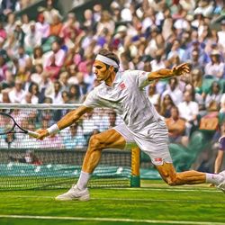 Roger Federer at Wimbledon 2021. Digital artwork print wall poster illustration. Tennis fan art gift.