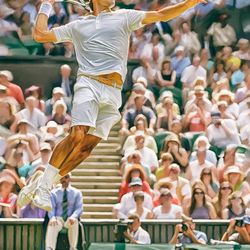 Flying Roger Federer at Wimbledon. Digital artwork print wall poster illustration. Tennis fan art gift.