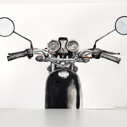 Watercolor painting of a black retro motorcycle