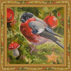 Bullfinch painting original oil art forest bird painting