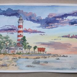 Lighthouse Painting Original Watercolor Art landscape Artwork 8 by 12 Lighthouse sunset art