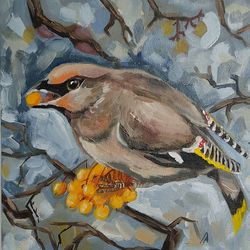 Waxwing bird painting original oil art forest bird painting