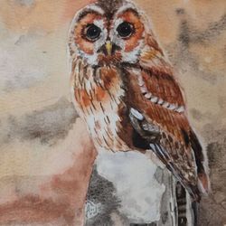 Owl painting original watercolor art bird artwork wildlife art