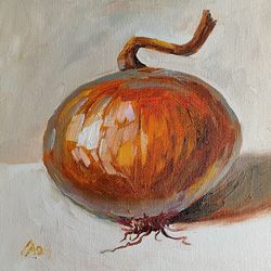Onion painting original oil art still life 6 by 6 inches