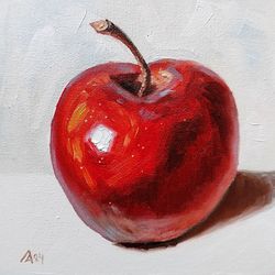 Red apple painting original oil art still life 6 by 6 inches fruit artwork