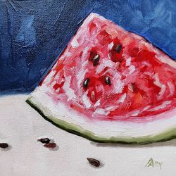 Watermelon painting original oil art still life 6 by 6 inches fruit artwork